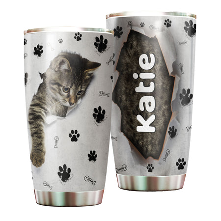 Camellia Personalized Cute Kittie Stainless Steel Tumbler-Double-Walled Insulation Cup With Lid Gift For Cat Lover Mom Cat