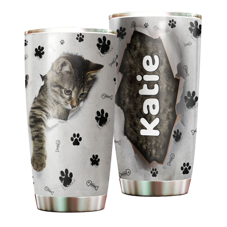 Camellia Personalized Cute Kittie Stainless Steel Tumbler-Double-Walled Insulation Cup With Lid Gift For Cat Lover Mom Cat