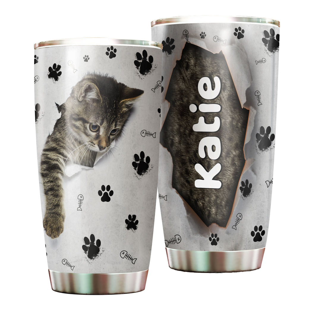 Camellia Personalized Cute Kittie Stainless Steel Tumbler-Double-Walled Insulation Cup With Lid Gift For Cat Lover Mom Cat