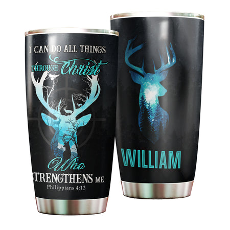 Camellia Personalized Deer I Can Do Allthings Through Christ Who Strengthens Me Stainless Steel Tumbler - Customized Double-Walled Insulation Travel Thermal Cup With Lid Gift For Deer Lover Christian