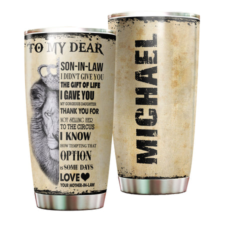 Camellia Personalized Lion Loving Letter From Mom To Son-In-Law Stainless Steel Tumbler-Double-Walled Insulation Travel Cup With Lid