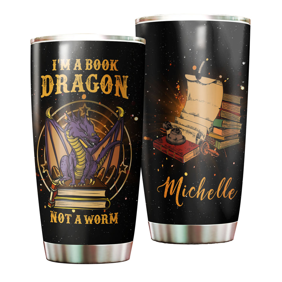 Camellia Personalized I'm A Book Dragon Stainless Steel Tumbler - Double-Walled Insulation Vacumm Flask - Gift For Book Lovers, Nerd, International Book Day
