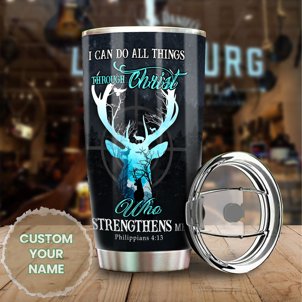 Camellia Personalized Deer I Can Do Allthings Through Christ Who Strengthens Me Stainless Steel Tumbler - Customized Double-Walled Insulation Travel Thermal Cup With Lid Gift For Deer Lover Christian