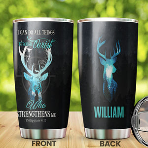 Camellia Personalized Deer I Can Do Allthings Through Christ Who Strengthens Me Stainless Steel Tumbler - Customized Double-Walled Insulation Travel Thermal Cup With Lid Gift For Deer Lover Christian