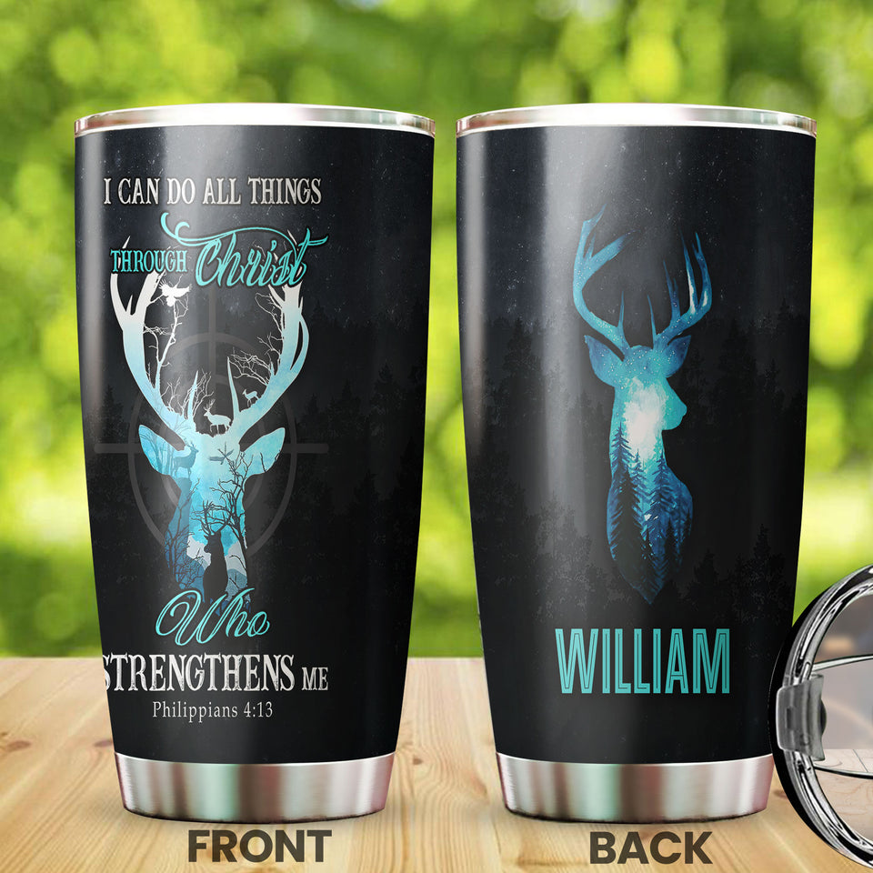 Camellia Personalized Deer I Can Do Allthings Through Christ Who Strengthens Me Stainless Steel Tumbler - Customized Double-Walled Insulation Travel Thermal Cup With Lid Gift For Deer Lover Christian