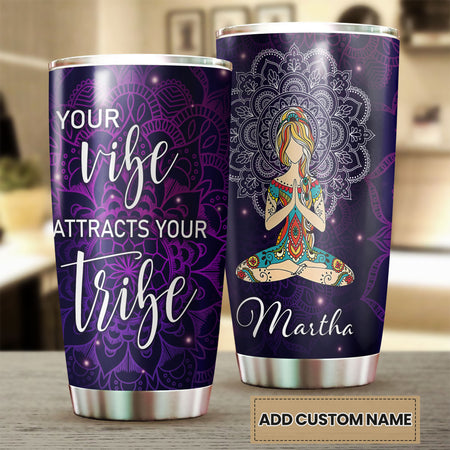 Camellia Personalized Mandala Girl Your Vibe Attracts Your Tribe Stainless Steel Tumbler-Sweat-Proof Double Wall Travel Cup With Lid