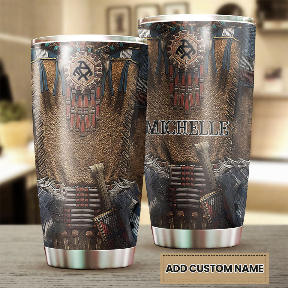 Camellia Personalized Native American Embroidery Stainless Steel Tumbler-Double-Walled Insulation Travel Cup With Lid 03