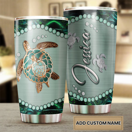 Camellia Personalized Turtle Mom And Baby Stainless Steel Tumbler-Thermal Flask Travel Therma Cup With Lid