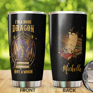 Camellia Personalized I'm A Book Dragon Stainless Steel Tumbler - Double-Walled Insulation Vacumm Flask - Gift For Book Lovers, Nerd, International Book Day