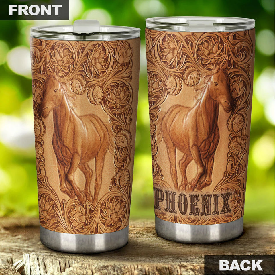 Camellia Persionalized 3D Leather Horse Stainless Steel Tumbler - Customized Double - Walled Insulation Thermal Cup With Lid