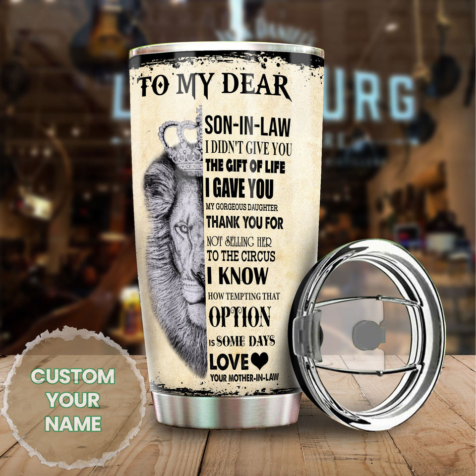 Camellia Personalized Lion Loving Letter From Mom To Son-In-Law Stainless Steel Tumbler-Double-Walled Insulation Travel Cup With Lid