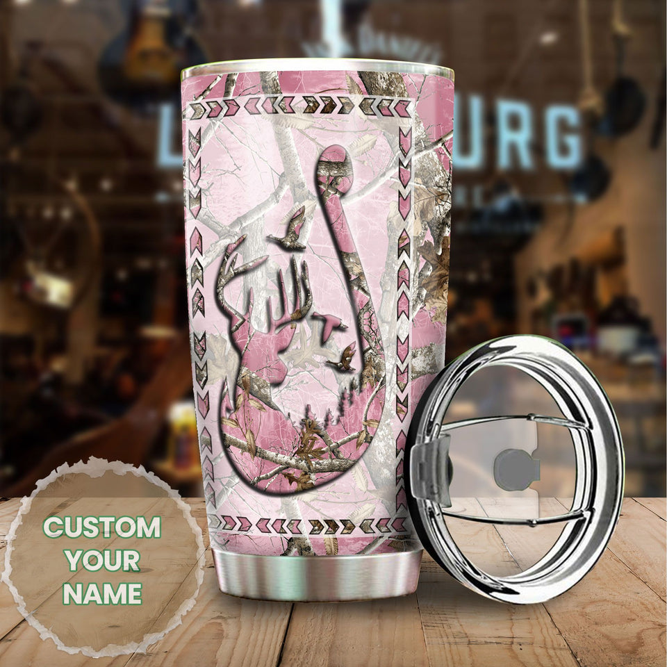 Camellia Persionalized Pink Fishing Hook Stainless Steel Tumbler - Customized Double - Walled Insulation Travel Thermal Cup With Lid Gift For Fisherman