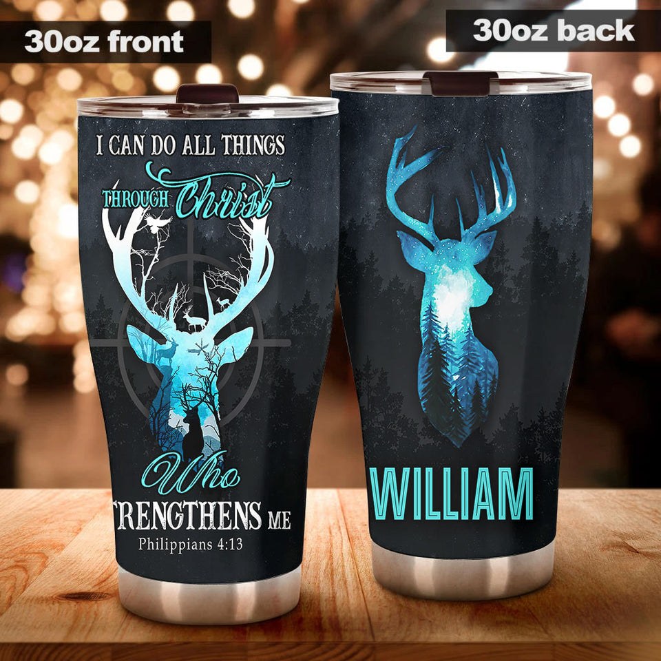 Camellia Personalized Deer I Can Do Allthings Through Christ Who Strengthens Me Stainless Steel Tumbler - Customized Double-Walled Insulation Travel Thermal Cup With Lid Gift For Deer Lover Christian