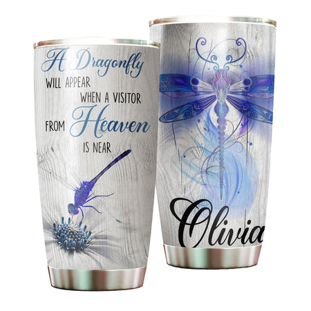 Camellia Personalized A Dragonfly Will Appear When A Visitor From Heaven Is Near Stainless Steel Tumbler - Customized Double-Walled Insulation Travel Thermal Cup With Lid Gift For Dragonfly Lover