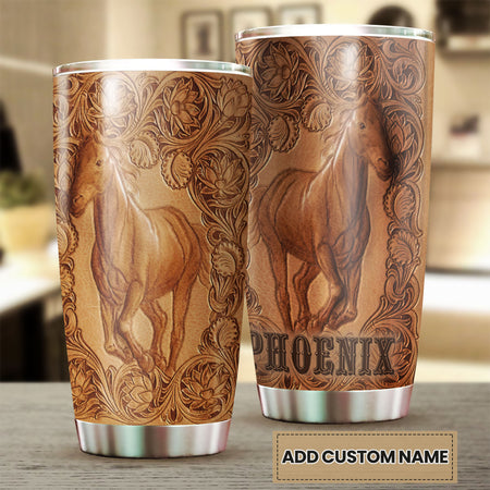 Camellia Persionalized 3D Leather Horse Stainless Steel Tumbler - Customized Double - Walled Insulation Thermal Cup With Lid
