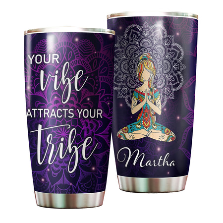 Camellia Personalized Mandala Girl Your Vibe Attracts Your Tribe Stainless Steel Tumbler-Sweat-Proof Double Wall Travel Cup With Lid