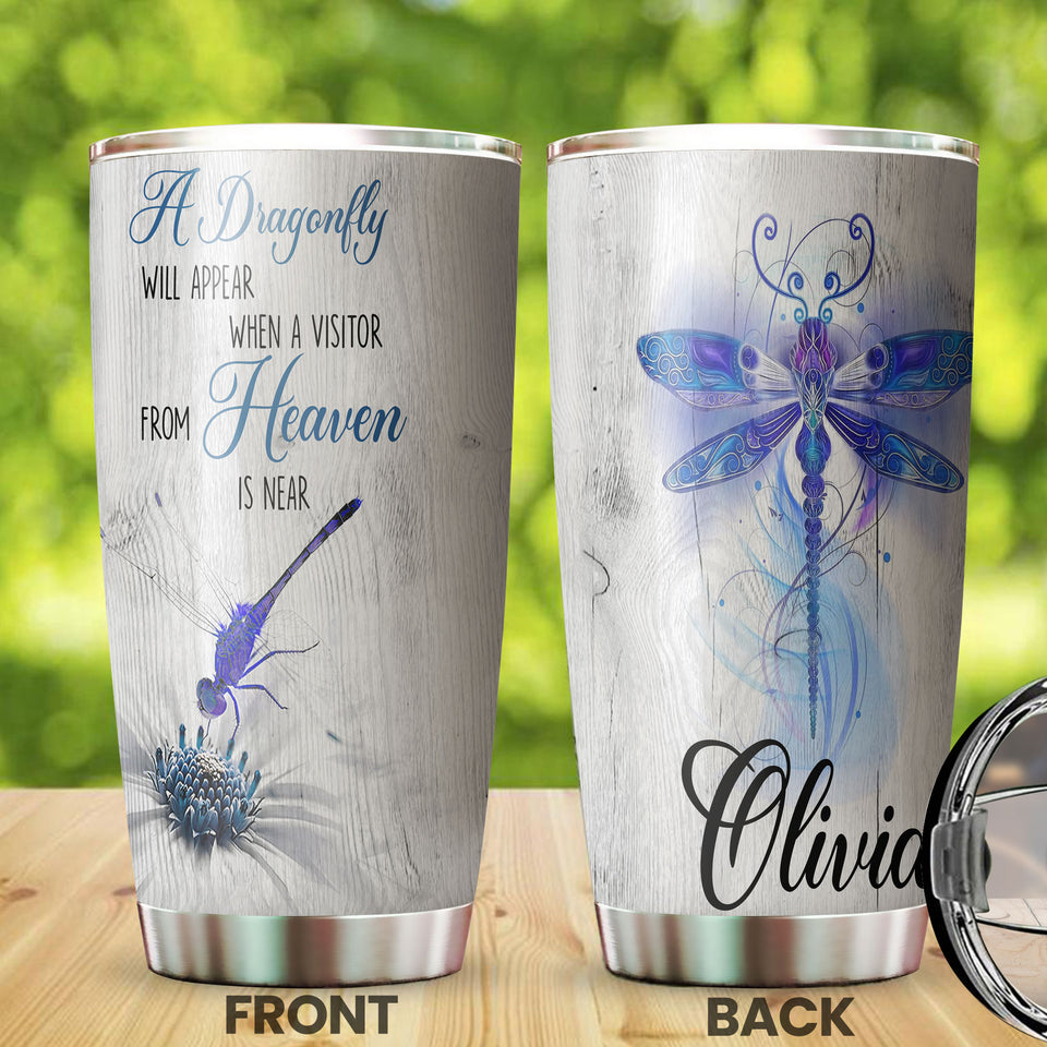 Camellia Personalized A Dragonfly Will Appear When A Visitor From Heaven Is Near Stainless Steel Tumbler - Customized Double-Walled Insulation Travel Thermal Cup With Lid Gift For Dragonfly Lover