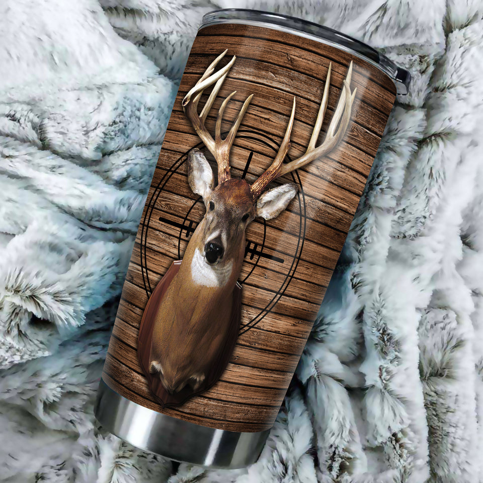 Camellia Personalized 3D Deer Hunting Wood Style Stainless Steel Tumbler - Customized Double-Walled Insulation Travel Thermal Cup With Lid