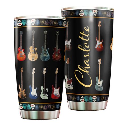 Camellia Personalized Colorful Guitar Stainless Steel Tumbler - Customized Double-Walled Insulation Travel Thermal Cup With Lid Gift For Guitarist