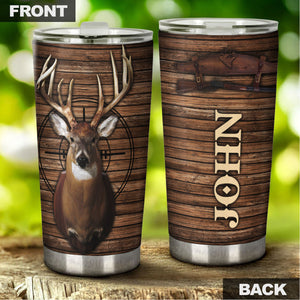 Camellia Personalized 3D Deer Hunting Wood Style Stainless Steel Tumbler - Customized Double-Walled Insulation Travel Thermal Cup With Lid