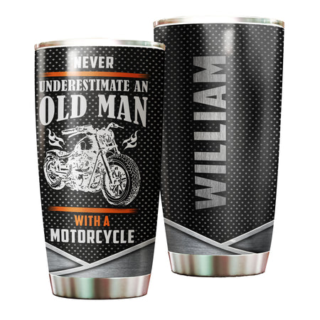 Camellia Personalized Never Underestimate An Old Man with A Motorcycle Stainless Steel Tumbler-Double-Walled Insulation Cup With Lid Gift For Grandfa