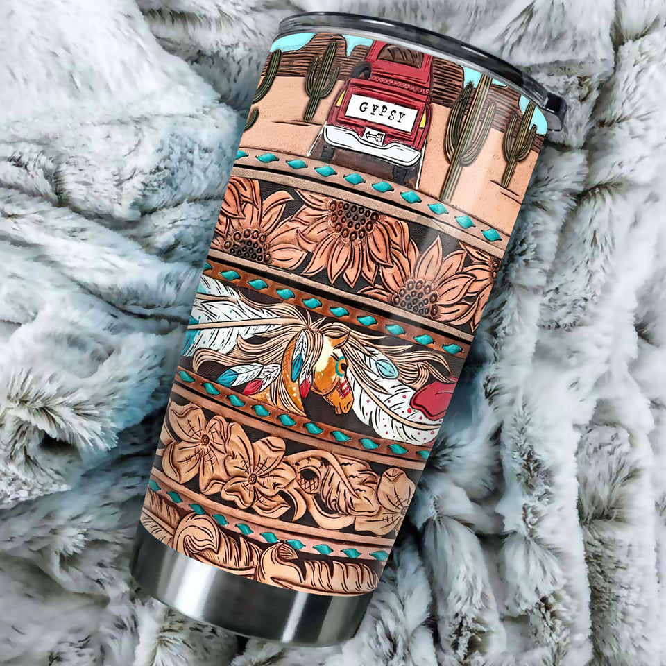 Camellia Personalized Horse Gypsy Leather Style Stainless Steel Tumbler - Double-Walled Insulation Vacumm Flask - Gift For Horse Lovers, Cowgirls, Cowboys, Perfect Christmas, Thanksgiving Gift
