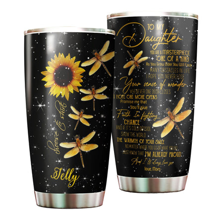 Camellia Personalized Dragonfly Sunflower To My Daughter I Always Love You Stainless Steel Tumbler - Customized Double-Walled Insulation Travel Thermal Cup With Lid