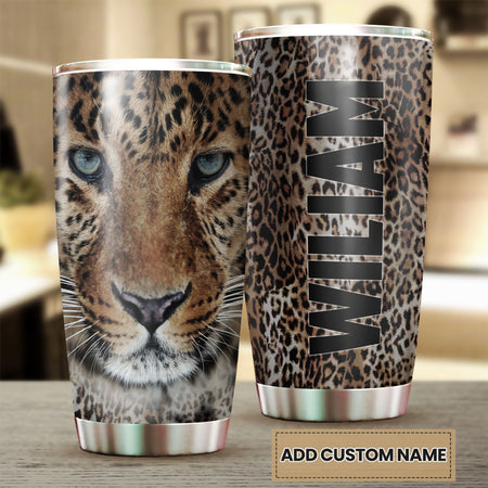 Camellia Personalized Leopard Fur Leather Style Stainless Steel Tumbler-Double-Walled Insulation Travel Cup With Lid