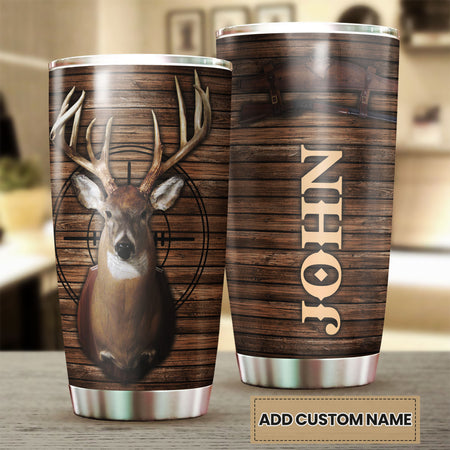 Camellia Personalized 3D Deer Hunting Wood Style Stainless Steel Tumbler - Customized Double-Walled Insulation Travel Thermal Cup With Lid