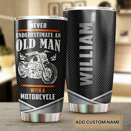 Camellia Personalized Never Underestimate An Old Man with A Motorcycle Stainless Steel Tumbler-Double-Walled Insulation Cup With Lid Gift For Grandfa