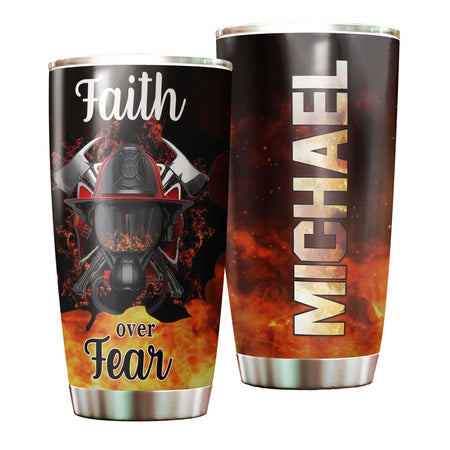 Camellia Personalized Firefighter Faith Over Faith Red Stainless Steel Tumbler-Double-Walled Insulation Gift For Firefighter Fireman