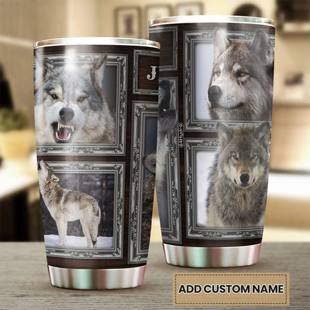 Camellia Personalized 3D Grey Wolf Picture Stainless Steel Tumbler - Customized Double-Walled Insulation Travel Thermal Cup With Lid