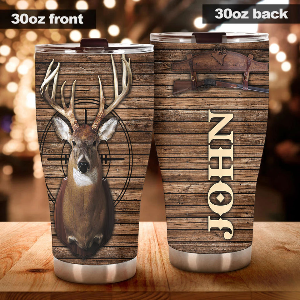 Camellia Personalized 3D Deer Hunting Wood Style Stainless Steel Tumbler - Customized Double-Walled Insulation Travel Thermal Cup With Lid