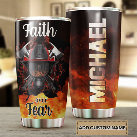 Camellia Personalized Firefighter Faith Over Faith Red Stainless Steel Tumbler-Double-Walled Insulation Gift For Firefighter Fireman