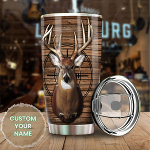 Camellia Personalized 3D Deer Hunting Wood Style Stainless Steel Tumbler - Customized Double-Walled Insulation Travel Thermal Cup With Lid