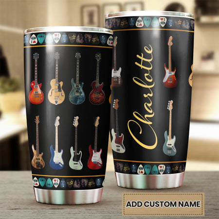 Camellia Personalized Colorful Guitar Stainless Steel Tumbler - Customized Double-Walled Insulation Travel Thermal Cup With Lid Gift For Guitarist