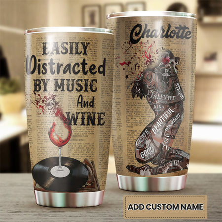 Camellia Personalized Black Woman Easily Distracted By Music And Wine  Stainless Steel Tumbler-Thermal Flask Travel Therma Cup With Lid Gift For Black Woman
