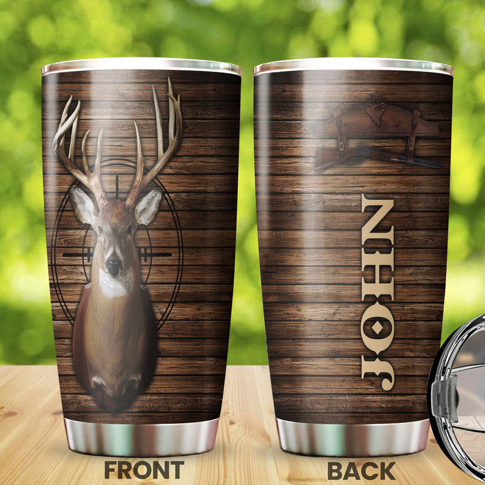 Camellia Personalized 3D Deer Hunting Wood Style Stainless Steel Tumbler - Customized Double-Walled Insulation Travel Thermal Cup With Lid