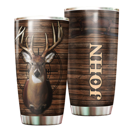 Camellia Personalized 3D Deer Hunting Wood Style Stainless Steel Tumbler - Customized Double-Walled Insulation Travel Thermal Cup With Lid