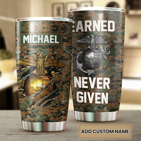 Camellia Personalized Marine Corps Learned Never Given Stainless Steel Tumbler-Sweat-Proof Double Wall Travel Cup With Lid