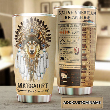 Camellia Persionalized 3D Wolf Native American Stainless Steel Tumbler - Customized Double - Walled Insulation Travel Thermal Cup With Lid Gift For Wolf Lover