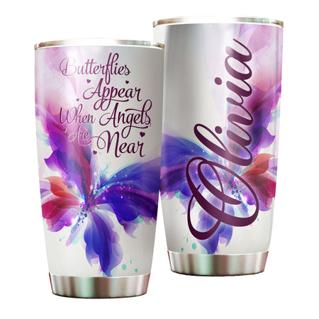 Camellia Personalized Butterfly Appears When Angels Are Near Stainless Steel Tumbler - Double-Walled Insulation Vacumm Flask - For Thanksgiving, Memorial Day, Christians, Christmas Gift