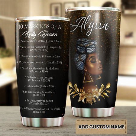 Camellia Personalized Black Woman 10 Markings Of A God Woman Stainless Steel Tumbler - Double-Walled Insulation Vacumm Flask - Gift For Black Queen, International Women's Day, Hippie Girls