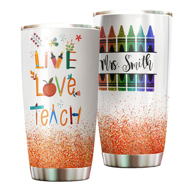 Camellia Persionalized Colorful Crayon Live Love Teach Stainless Steel Tumbler - Customized Double - Walled Insulation Travel Thermal Cup With Lid Gift For Teacher