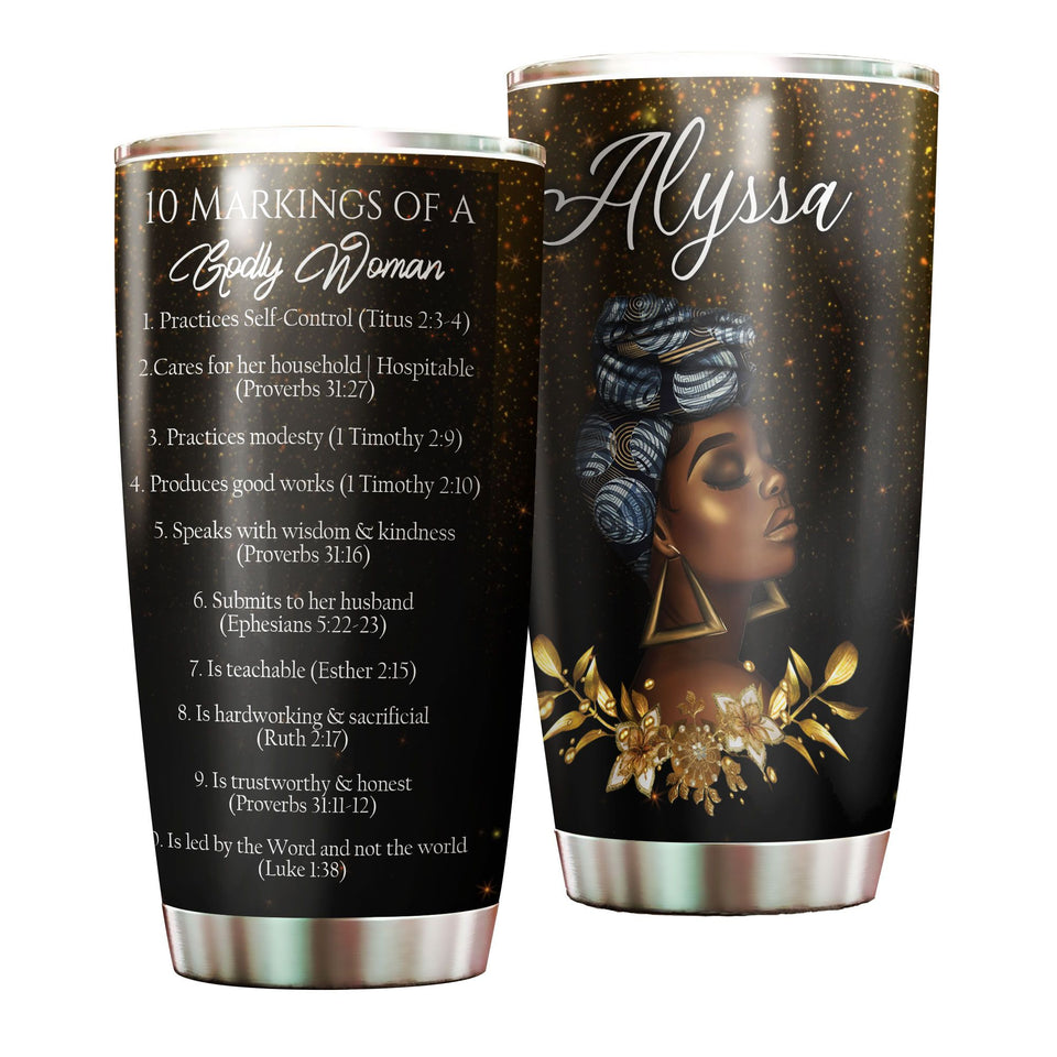 Camellia Personalized Black Woman 10 Markings Of A God Woman Stainless Steel Tumbler - Double-Walled Insulation Vacumm Flask - Gift For Black Queen, International Women's Day, Hippie Girls