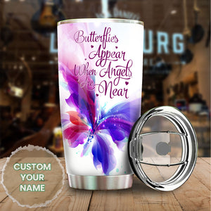 Camellia Personalized Butterfly Appears When Angels Are Near Stainless Steel Tumbler - Double-Walled Insulation Vacumm Flask - For Thanksgiving, Memorial Day, Christians, Christmas Gift