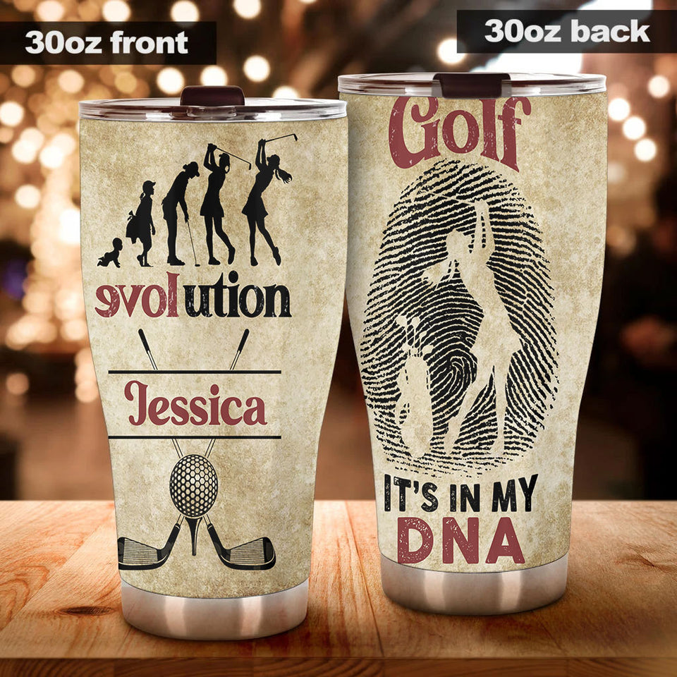 Camellia Personalized Golf Evolution It's My DNA Stainless Steel Tumbler-Double-Walled Travel Therma Cup With Lid Gift For Female Golf Player