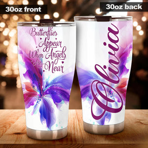 Camellia Personalized Butterfly Appears When Angels Are Near Stainless Steel Tumbler - Double-Walled Insulation Vacumm Flask - For Thanksgiving, Memorial Day, Christians, Christmas Gift