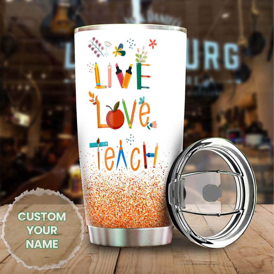 Camellia Persionalized Colorful Crayon Live Love Teach Stainless Steel Tumbler - Customized Double - Walled Insulation Travel Thermal Cup With Lid Gift For Teacher