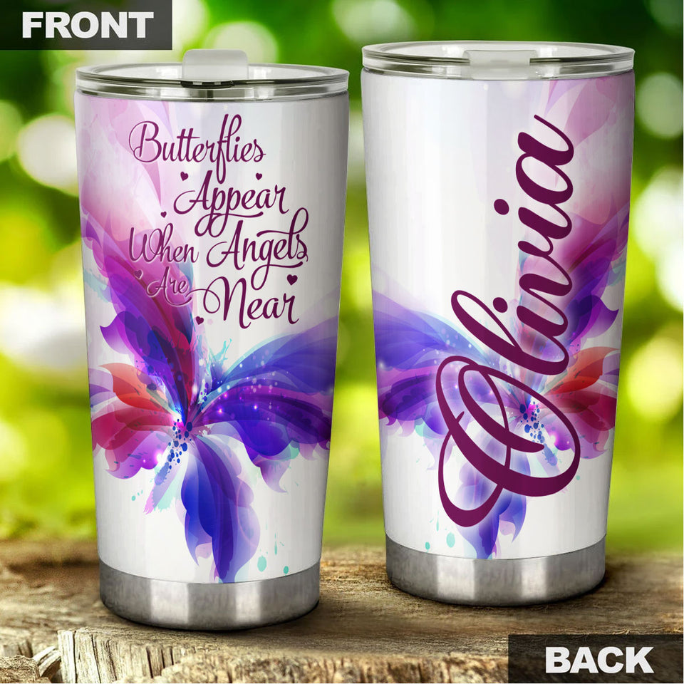 Camellia Personalized Butterfly Appears When Angels Are Near Stainless Steel Tumbler - Double-Walled Insulation Vacumm Flask - For Thanksgiving, Memorial Day, Christians, Christmas Gift